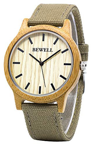BEWELL Damen Uhr Aus Holz Analog Japanisches Quarzwerk mit Nylon Armband Rund Holzarmbanduhren (Grün)