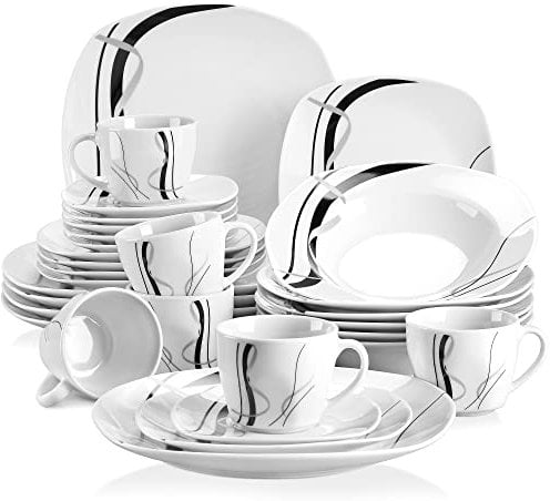 VEWEET FIONA Juego de Vajillas Elegantes 30 Piezas de Porcelana para 6 Personas con Tazas 175 ml, Platillos, Platos Llanos, Platos de Postre y Platos Hondos, Motivo de Líneas Negras y Plateadas