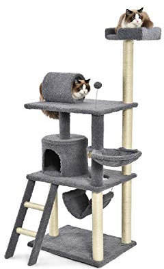 Amazon Basics Katzen-Kratzbaum mit Haus, Hängematte und Tunnel, 65 x 157 x 49 cm, grau