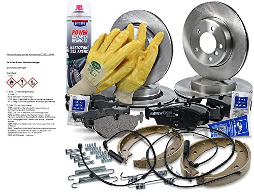 BESTPRICE Bremsenset inkl. Bremsscheiben vorne Ø 300 mm + hinten Ø 160,5 mm + Bremsbeläge vorne und Bremsbacken hinten + Verschleißkontakt, Kompatibel mit BMW 3er (E46)
