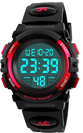 FeiWen Multifunktiona Damen Sport Uhren LED Digital Anzeige Outdoor Armbanduhren 50M Wasserdicht Plastik Wählscheiben mit Kautschuk Band, Rot