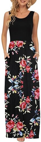 AUSELILY Robe Longue d'été sans Manches pour Femmes Robe Longue Décontractée avec Poches Fleur Noir XL