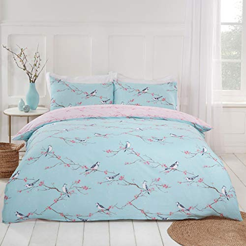 Dreamscene Blossom Bird Reversible Floral Quilt Duvet Cover with Pillowcase Bedding Set, Duck Egg Blush - King