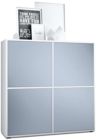 Vladon Highboard Cuba V2 Schrank 104 x 105,5 x 35,5 cm Sideboard mit 8 Fächern, Made in Germany, Korpus in Weiß matt/Fronten in Denim matt