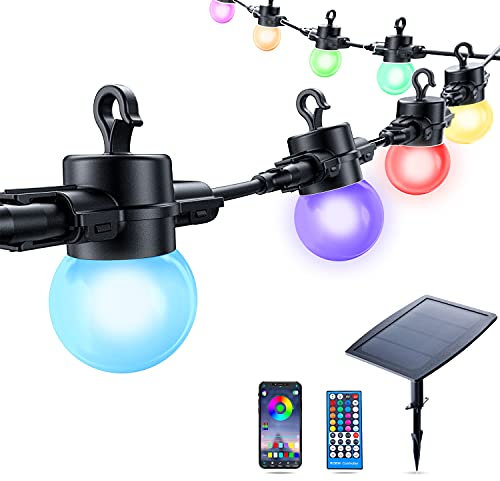 Elrigs Solar Lichterkette Farbwechsel, dimmbare G45 LED Lampe RGBW für Außen, App-Steuerung, Fernbedienung inkl, Stromversorgung auch per Powerbank für Innen, 12 Lampe, 11 Meter, IP65
