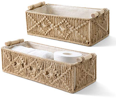 Mkono Makramee Aufbewahrungskörbe Dekor Box Handgemachte Gewebte Dekorative Arbeitsplatte Toilettentank Regal Schrank Organizer Boho Dekor für Schlafzimmer Kinderzimmer Wohnzimmer 2er Set, Braun