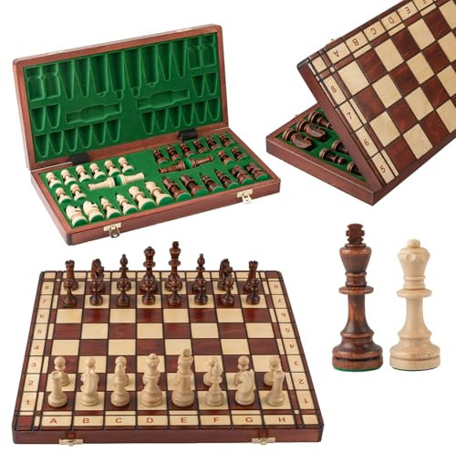 Master of Chess Schachbrett aus Holz mit Schachstücken, Turnier Jupiter, 42 cm – handgefertigt – Schachspiel Reise faltbar – großes Schachspiel für Kinder und Erwachsene – gewichtete Zahlen