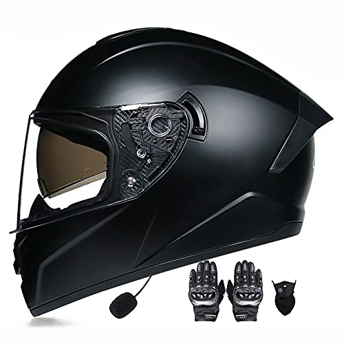 Letetexi Bluetooth Integrated Modular Flip Up Motorcycle Helmet Predator Full Face Motorbike Helmets ECE Approved Built in MP3 Radio Moped Gloves Mask Crash Helmet 55~62cm