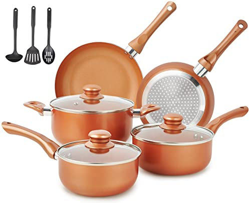 M MELENTA Juego de ollas y sartenes ultra antiadherentes, preinstalados, 11 piezas de cobre con revestimiento de cerámica, mango que se mantiene fresco y utensilios de cocina de nailon, compatible con