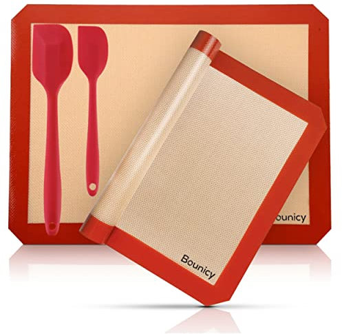 Bounicy 2 Tapis de Cuisson 30x40cm + 2 spatules 27cm et 21cm en Silicone Anti-Adhésif - Supporte le Four, Passe au Lave-Vaisselle - Certifié sans BPA - Idéal Pâtisserie