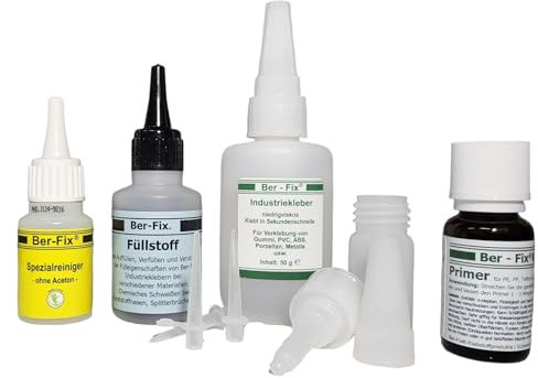 Ber-Fix Schweißnaht-Set L Primer & Füllstoff für Kunststoff, PVC, ABS, GFK, Metall, PE, PP, Silikon schwarz 50g Kleber + 60g Granulat, 15ml Primer, 20g Reiniger Inkl. 3 Spitzen