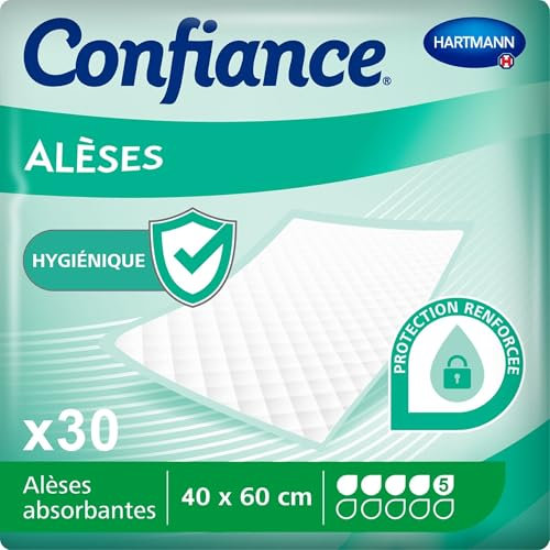 Confiance Alèse - Alèses pour la Protection de la Literie ou du Fauteuil - Niveau d'Absorption = 5 Gouttes - Dimensions = 40 x 60 cm - 30 unités