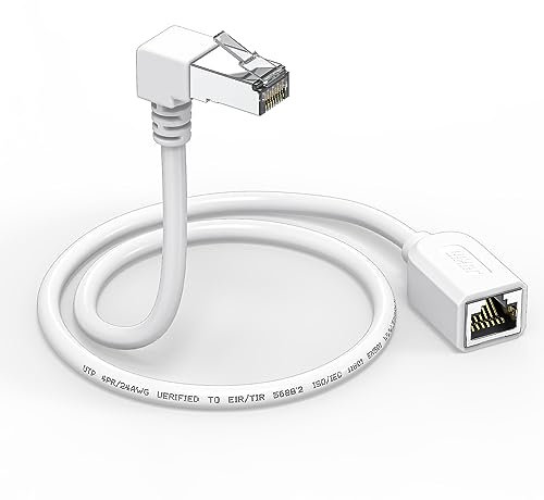 JUXINICE Right Angle Ethernet Extension Cable Down Angle1.5ft-White, 90 Degree CAT6 Ethernet Patch Cable RJ45 LAN Cable Extender Male to Female Connector for Router Modem Smart TV PC Computer Laptop