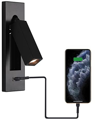 Wall Mounted Reading Light with USB, LED Bedside Reading Light with Switch, Adjustable Recessed Headboard Reading Lights Wall Sconce for Reading, Hardwired Reading Spotlight for Bedroom (Black)