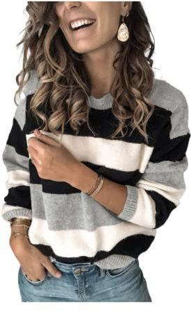 HEYPORK Damen Herbst Winter Warm Bequem Pullover Casual Mode Strickjacke Strickpullover Frauen Pullover Gestreiften Strickpullover Bottoming Shirt(Grau, S)