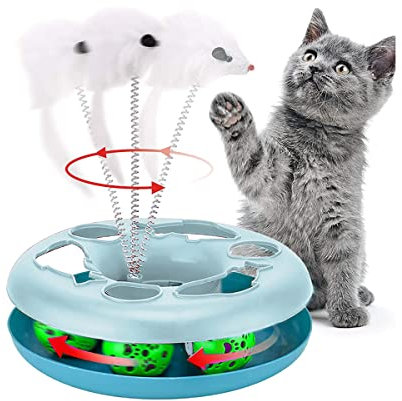 JUANIO Circuit de Jeu pour Chat, Jouet interactif d'intérieur avec Souris et balles pour Chat Coloris Bleu - Diamètre 25 x Hauteur 7 cm