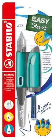 STABILO - Schulfüller ergonomisch für Linkshänder mit Standard-Feder M - EASYbirdy Pastel Edition in aqua grün/mint - inklusive Patrone und Einstellwerkzeug
