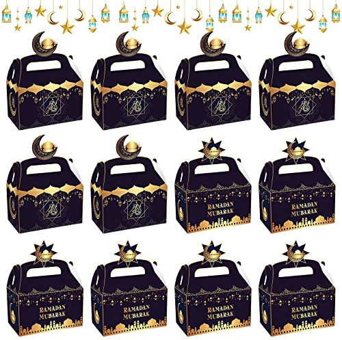 12 Stück Eid Mubarak Geschenkboxen, Ramadan Papiertüten Geschenktüten Geschenkbeutel Geschenktasche, Kraftpapier Tüten zum Befüllen Geschenkverpackung für Kinder, Eid al-Fitr Geschenk Verpackung (B)