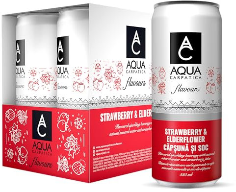 AQUA Carpatica Sparkling Flavours Strawberry & Elderflower 330ml x 4 - Natural Fruit Juice Infused Sparkling Water, No Added Sugar, Naturally Alkaline, Sweetened with Agave Syrup, Rich in Minerals