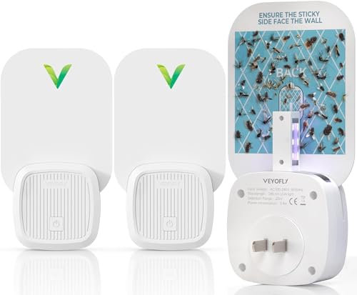 VEYOFLY Steckdosen-Fluginsektenfalle,Fruchtfliegenfallen für drinnen,Sichereres Zuhause,Insektenlicht zum Einstecken, Mückenfalle,Fruchtfliegen-Gnatenschutz, geruchlos (2 Geräte + 6 Nachfüllungen)