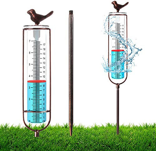 Luter Regenmesser Outdoor, 17,8cm Bewertete Skalen Glas Regenmesser mit Erdspieß und Rohrhalter und Vogeldekor Abnehmbar Rain Gauge Regenmesser für Garten Hof Rasen Zaun Briefkasten