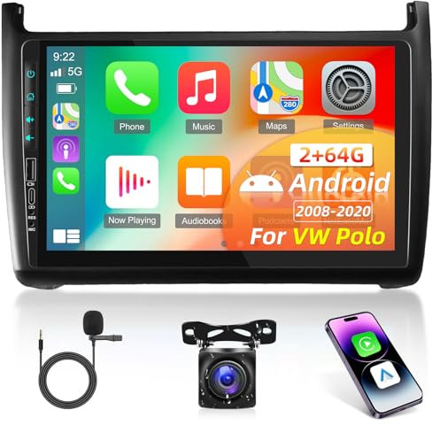 2+64G Android Car Radio for VW Polo 2008-2020 with Wireless Carplay and Android Car, 9 Inch Touch Screen, GPS, Wi-Fi, SWC, USB, Type C + AHD Rear View Camera