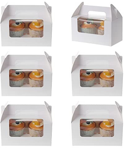 Fippy 50PCS Cupcake Boxes 2 Hole with Window and Handle, Small Cakes Gift Boxes Bakery Boxes for Cupcake Pastry Cookies Desserts, White