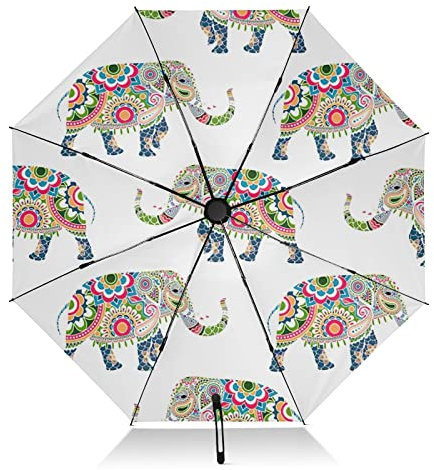 linqin Paraguas de viaje resistente al viento, Sombrilla con elefantes coloridos, compacto invertido para sol, lluvia, plegable, 8 varillas, UV grande, automático, para hombres y mujeres