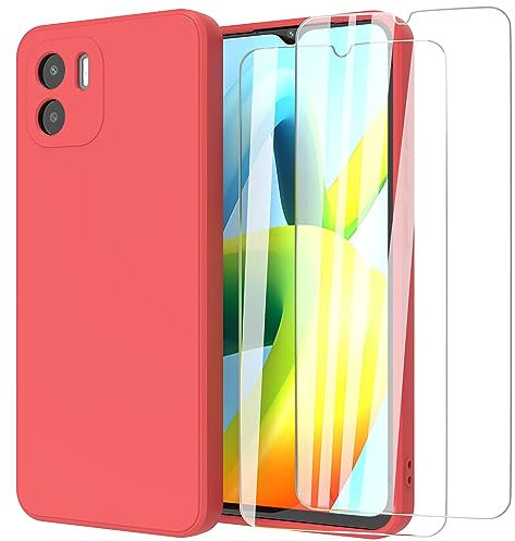 MIKULLE Funda para Xiaomi Redmi A1 / Redmi A2 4G con Cristal Templado Protector de Pantalla,Ultra Slim Protectora Anti-Choques Carcasa de Silicona Líquida TPU Suave Case Cover - Rojo