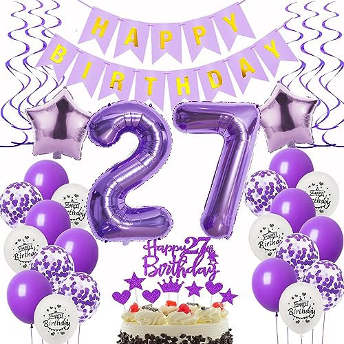 Deko 27. Geburtstag frauen Lila,Geburtstagsdeko 27 jahre frauen Luftballons 27 Geburtstag dekoration lila,Folienballon 27 Geburtstag deko frauen Violett Tortendeko 27 Geburtstag frau deko