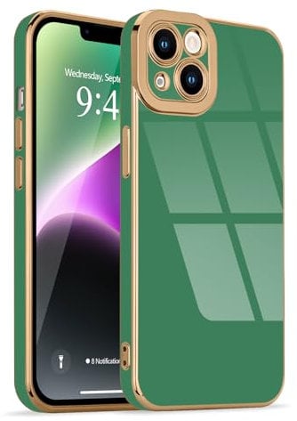 Lafunda for iPhone 14 Case, Luxury Plating for Womens Gilrs Case, Full Camera Protection Soft TPU Bumper Cover, Shockproof Silicone Slim Phone Case for iPhone 14 6.1, Green