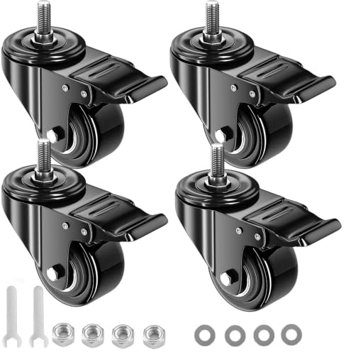 2 Zoll Lenkrollen Set mit 4 Schwerlast-Gewinderollen 1/2 bis 13x1 (Schraubendurchmesser 1/2 Zoll, Schaftlänge 1 Zoll), Industrie-Doppelsicherheitsrollen