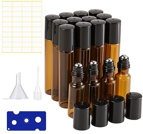 Opopark Roll on Glasflaschen für Ätherisches Öl 16 Stück Rollon Flaschen Leer Ätherische Öle Roller Glasflaschen mit Edelstahl Roller Ball,Pipetten,Trichter,Öffner,Etiketten,10ml und 5ml