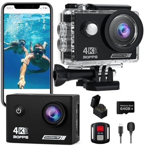 Cámara Deportiva 4k 30fps con Tarjeta SD 64G, 131ft Cámara Acuatica Cámaras Video 20MP Pre-grabación WiFi Cámara 170° Control Remoto Cámaras Accion con 2 Baterías Soporte para Casco Kits de Accesorios