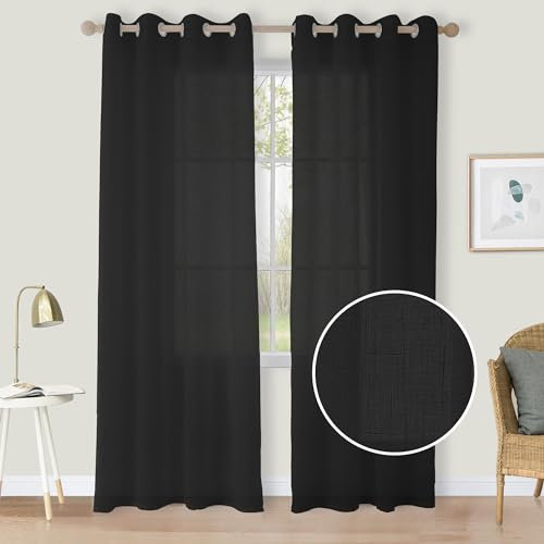 CUCRAF Leinen Voile Vorhänge mit Ösen Lichtfilterung Gardine für Schlafzimmer Wohnzimmer, Schwarz, H245 x B140cm 2er Set