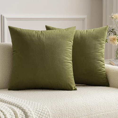 MIULEE 2er Set Samt Soft Solid Dekorative Quadrat Wurf Kissenbezüge Set Kissen Fall für Sofa Schlafzimmer Armeegrün 20x20 Zoll 50x50 cm