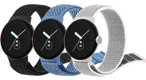Amzpas für Google Pixel Watch 2 Armband Damen Herren,Nylon Sport Loop 3PACK Ersatzarmbänder für Google Pixel Watch Armband (Grau/Schwarz/Blau)