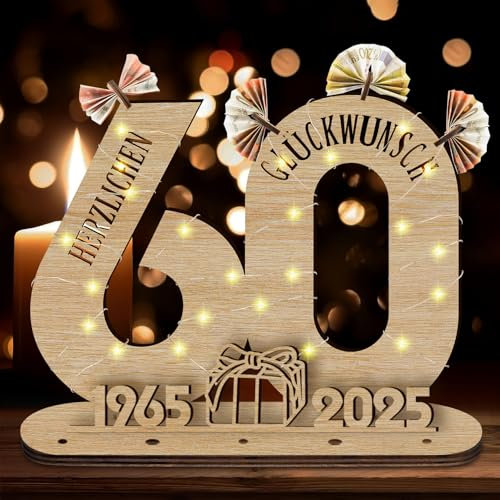 Idota 2025 60 Geburtstag Frau Geschenk Holz-Schild mit LED Gästebuch, 60 Geburtstag Deko Geschenke Geburtstag Männer & Frauen, Geburtstag Deko 60 Geburtstag Mann Deko,Personalisierbares Geschenk