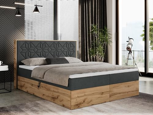 MKS MEBLE Boxspringbett 180x200 mit Bettkasten, Polsterbett 180x200 mit Matratze H3, Boxspringbett 180x200 mit Kopfteil, Boxspringbett mit Massivholz - Nessi - Dunkelgrau Struktur - H3