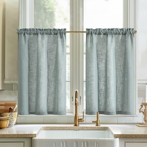 Vangao Einfarbig Scheibengardinen Modern Küche Leinenoptik Gardinen Kurz Bistrogardine 2er Set 65Bx115Hcm Halbtransparent Küchengardinen mit Stangendurchzug Landhaus Wohnwagen Wohnzimmer Olive