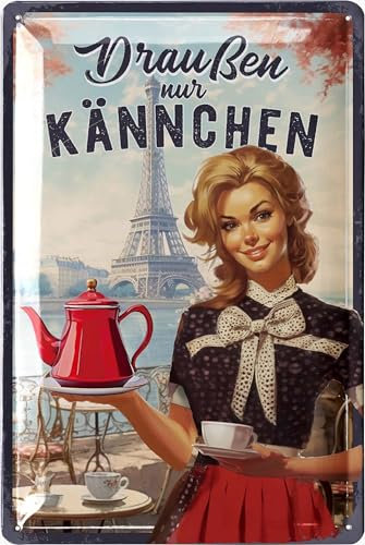 LANOLU Blechschild Retro - Draußen nur Kännchen Schild - Kaffee Schild, Metallschild Garten, Blechschild Garten für Terrasse und Kaffee-Liebhaber, Shabby Chic Vintage, 20x30cm