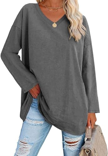 Ebifin Oversize Langarmshirt Damen Longshirt V-Ausschnitt Oberteil Langarm T Shirts Pullover Basic Tunika Tee Tops.Dunkelgrau.XL