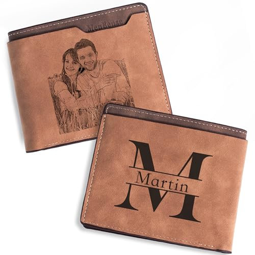 Easycosy Geldbörse Herren mit Foto & Namen - Leder Geldbeute Portmonee mit Gravur Großbuchstabe - Personalisierte Geschenke für Männer, Freund, Familie Papa Opa zum Weihnachten Geburtstag Vatertag