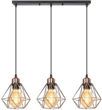 TOKIUS 3-flammig Pendelleuchte Vintage Industrial Hängelampe mit Geometrischem Design E27 Lampe aus Eisen Käfig Lampenschirm Retro Hängeleuchte für Esstisch Küche (Kupferrost, Pendellampe, Balken)