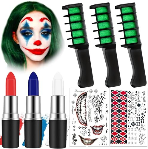 Halloween Schminke Set Makeup Kit,2 Blätter Halloween Clown Temporäre Tattoo+3 Haarfarbe Grün Haarkreide Haar Färben Kamm+3 Rot Blau Weiß Face Paint,für Karneval Halloween Cosplay