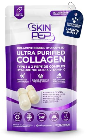 Bio-Active 100% Pure Bovine - SkinPep Hydrolysed Collagen Peptides 120 Capsules, 1080mg | Vitamin C & Hyaluronic Acid | Grass-Fed, Halal Certified, UK Made | Type I & III Skin, Hair & Joints Support