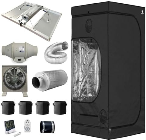 Green Spirit Growzelt Komplettset 120x120x200 cm - 480W LED Grow Lampe dimmbar, Deluxe XL, für 4 Pflanzen, Belüftungssystem, Hygrometer, Stofftöpfe - Grow Komplett Set Zelt Schrank Box Wachstum