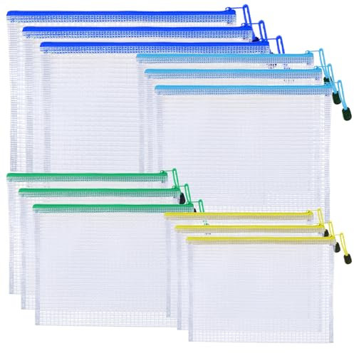 Qianyu 12Pcs Zipper File Bags Plastic 4 Sizes Waterproof Mesh Document Bag Multipurpose Travel Zip File Pouch Reusable Clear Letter Size Storage Bags for Office Home Business Organization
