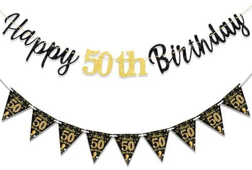 TOPWAYS Deko 50 Geburtstag Banner Frauen Mann, Schwarz Gold Geburtstagsdeko 50. Geburtstag Girlande Happy 50 Birthday Banner Wimpelkette für 50Geburtstag Frauen Männer Deko (Geburtstag50)