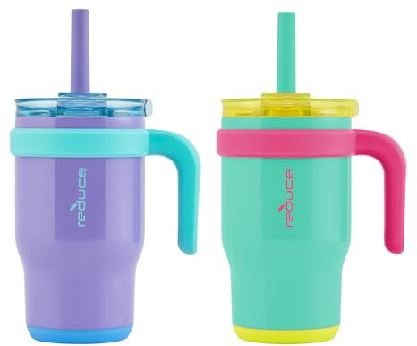 REDUCE Vaso Coldee de 14 onzas con asa para niños, paquete de 2, taza de acero inoxidable aislada a prueba de fugas con tapa y popote a prueba de derrames, mantiene las bebidas frías hasta 18 horas,